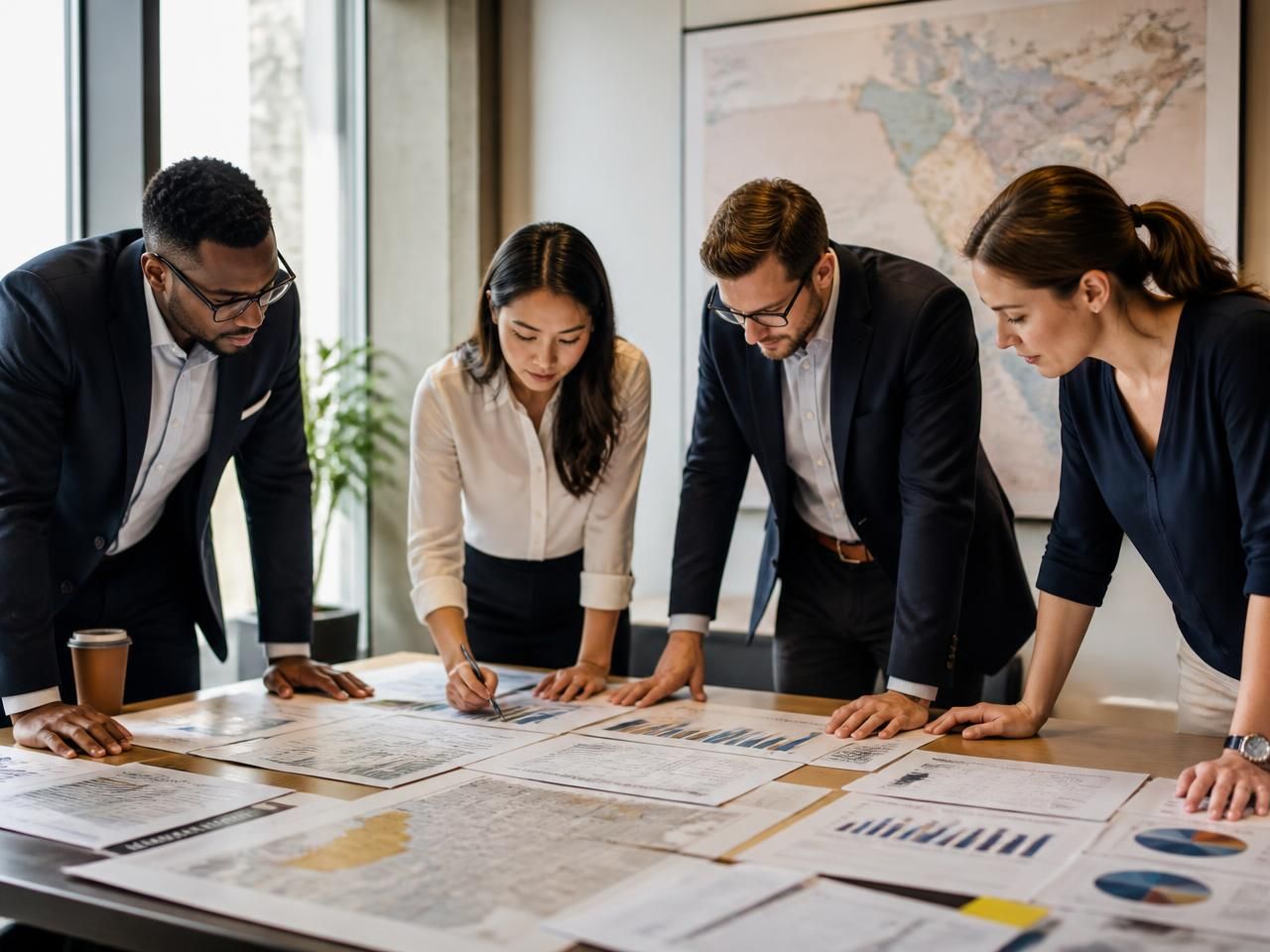 A cross-functional team reviewing printed market research, charts and maps around a meeting table