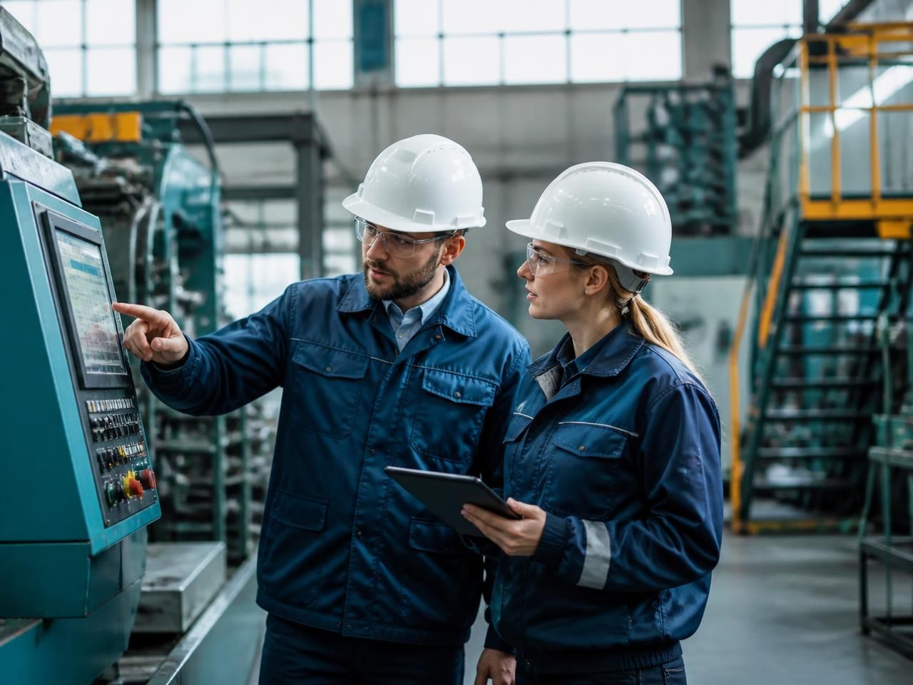 Two engineers reviewing production equipment and data on a tablet inside a manufacturing facility