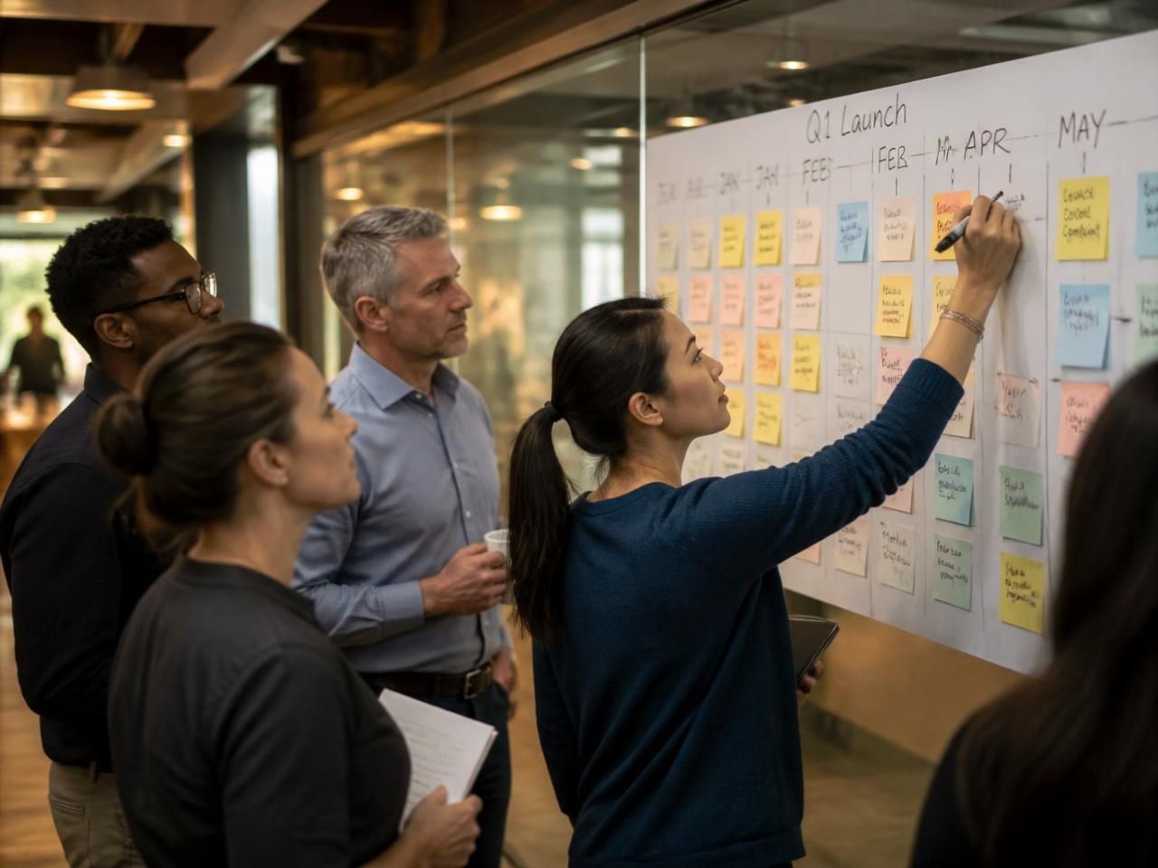 Colleagues at a launch planning wall mapping workstreams and dates on a timeline